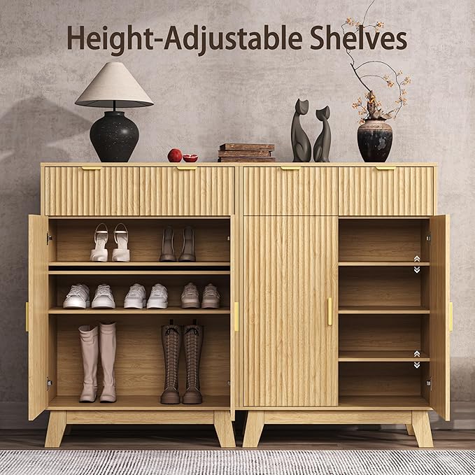 BOXACTION Fluted Shoe Cabinet, 4-Tier Mid Century Modern Narrow Shoe Storage Cabinet with Doors & 2 Drawers, Adjustable Shelves, Freestanding Hidden Shoe Rack Organizer & Wooden Legs for Entryway