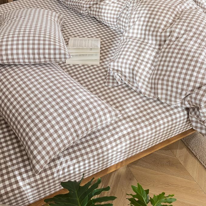 MooMee Gingham Duvet Cover Set 100% Washed Cotton Linen Like Textured Breathable Durable Soft Comfy Modern Checkered Design (Brown Gingham, Palatial King/Oversized King 120"x98")
