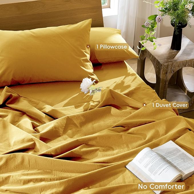 MooMee Bedding Duvet Cover Set 100% Washed Cotton Linen Like Textured Breathable Durable Soft Comfy (Solid Yellow, Twin 68"x90")