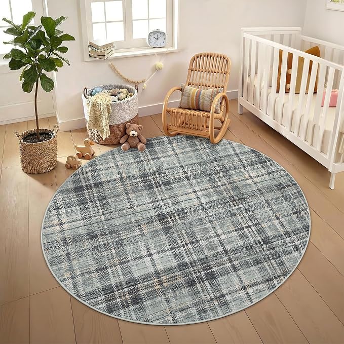 Tartan Plaid Washable Rug, Round Rugs 5ft Soft Modern Non Slip Circle Carpets for Bedroom Ultra-Thin, Boho Circular Carpet for Living Room Dorm Bedside Greyish Green