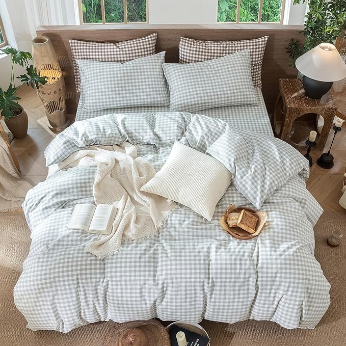 MooMee Gingham Duvet Cover Set 100% Washed Cotton Linen Like Textured Breathable Durable Soft Comfy Modern Checkered Design (Northern Droplet Grey Gingham, Oversized Queen 98"x98")