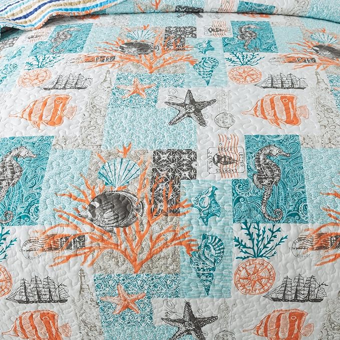 HoneiLife Quilt Set Queen Size - 3 Pieces Nautical Bedspreads Coastal Coverlets Ocean Bed Cover Queen Quilt Bedding Set All Season Quilts