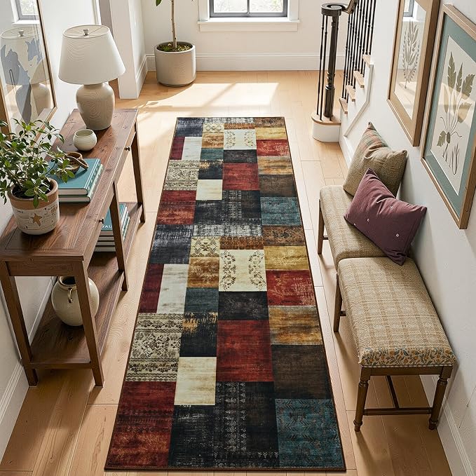 Tepook Modern Runner Rug for Living Room, 2x6 Washable Rugs for Bedroom Hallway, Geometric Patchwork Runner Rug Non-Slip Indoor Throw Carpet for Entryway Kitchen Office Home Decor, Multi