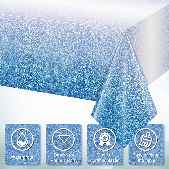 FunnyPars 1 Pack Ombre Blue Plastic Tablecloth for Parties, Gradient Pastel Blue Disposable Tablecloths for Rectangle Tables, Sprinkle Table Cover for Wedding Birthday Anniversary Party, 54 x 108Inch