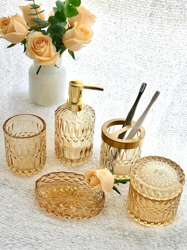 LaMarriti Clear Gold Bathroom Accessorries Set, 5Pcs Glass Bathroom Set, Soap Dispenser and Toothbrush Holder Set, Soap Dish, Tumbler, Q-Tips Holder Set for Modern Bathroom Sink, Cute Bathroom Decor