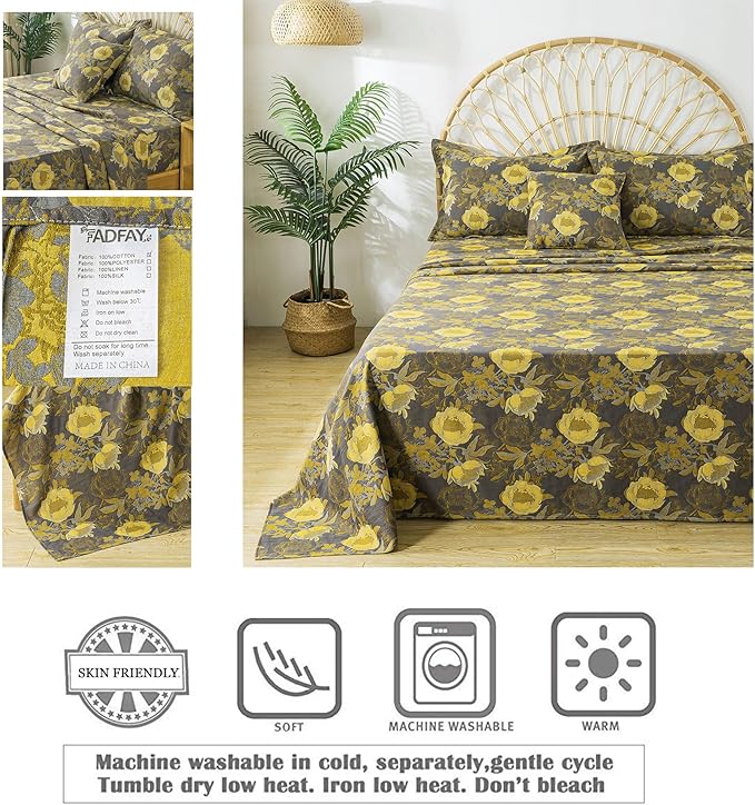 FADFAY Floral Sheets Set King Vintage Grey Yellow Floral Bedding Shabby Peony Farmhouse Bedding Super Soft Washed Double -Layer Muslin Sheets 100% Cotton Deep Pocket Fitted Sheet 4Pcs, King Size