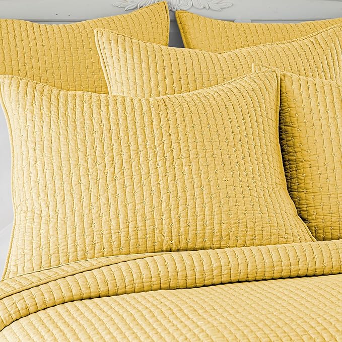 Levtex Home Cross Stitch Reversible Queen Bedspread Set (104x106in) with 2 Pillow Shams (26x20in) - Stitch Texture - Yellow - Cotton Queen Size Bedspread Set - Lightweight, Soft, Pre-Washed