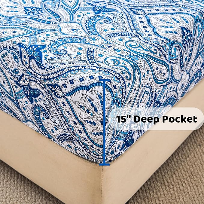 Softan Blue Twin Size Sheet Set, Paisley Printed Bed Sheets for Single Bed, 3-Piece Microfiber Fitted Sheet with 15" Deep Pocket & Non-Slip Straps, Patterned Bedding Sheets & Pillowcase Set