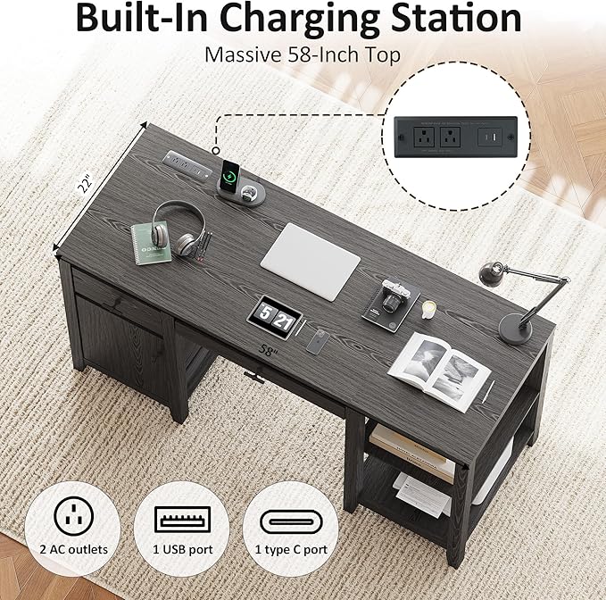 58" Executive Desk with Foldable Keyboard Tray and Charging Station, Farmhouse Wood Home Office Desk with Drawers and Magazine Rack, Large Writing Computer Desk for Home Office and Study, Black