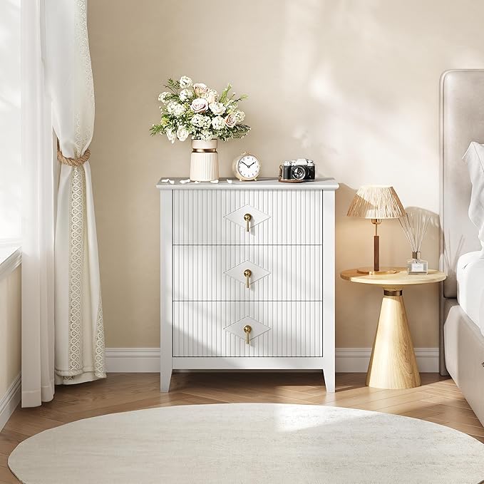 GarveeHome 2Pcs Wood Nightstand Fluted Dresser for Bedroom, 27.5" Wide 3-Drawer Bedside Tables, Modern Chest of Drawers, Storage End Table Living Room, Hallway, Entryway, White