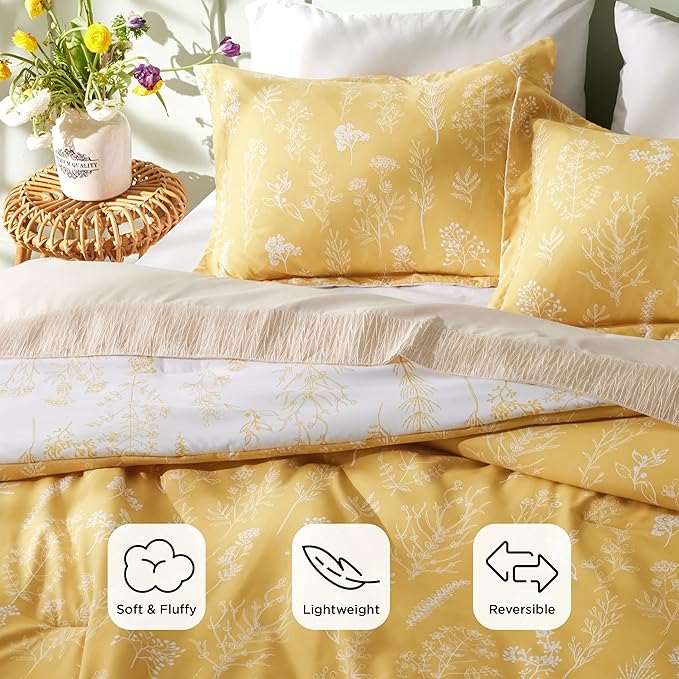 Bedsure King Comforter Set - Yellow Bed Set, 3 Pieces Cute Floral Bedding, 1 Soft Reversible Botanical Flowers Comforter and 2 Pillow Shams