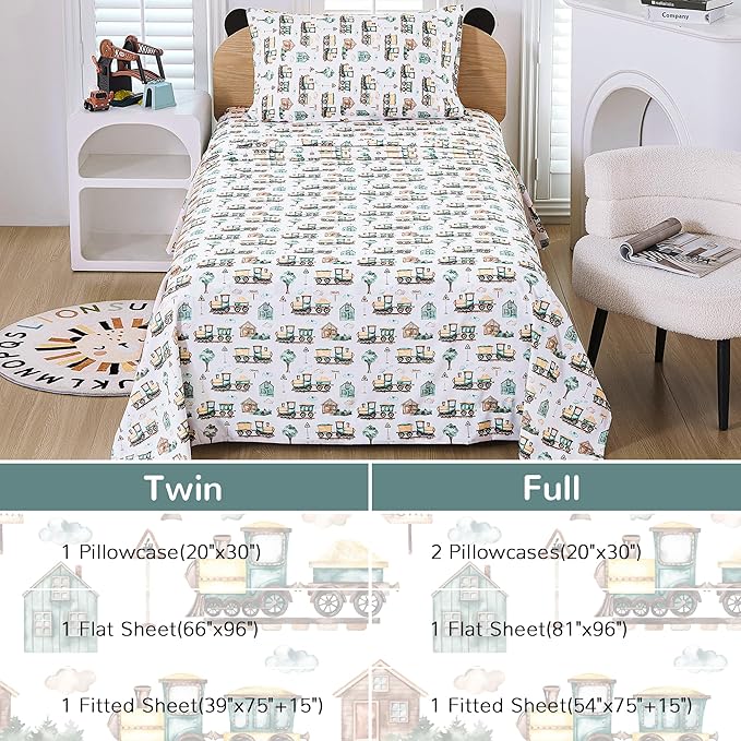 Viviland 3 Pieces Boys Brown Green Twin Sheet Set - Soft Microfiber Fitted Flat Sheets & Pillowcase - Country Train Town Bedding Sets - for Kids & Toddlers