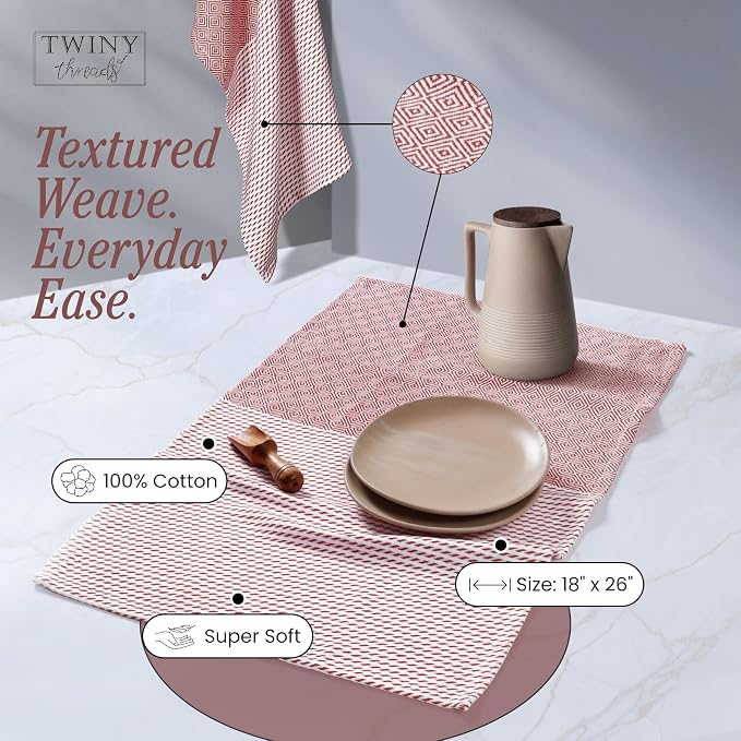 TWINY threads Kitchen Towel Diamond Weave, Premium Kitchen Linen Set, Large 100% Cotton Dish Rags, Absorbent Quick Drying for Daily Use, Washable Reusable, Set of 4, 18x26 Inches, Rust