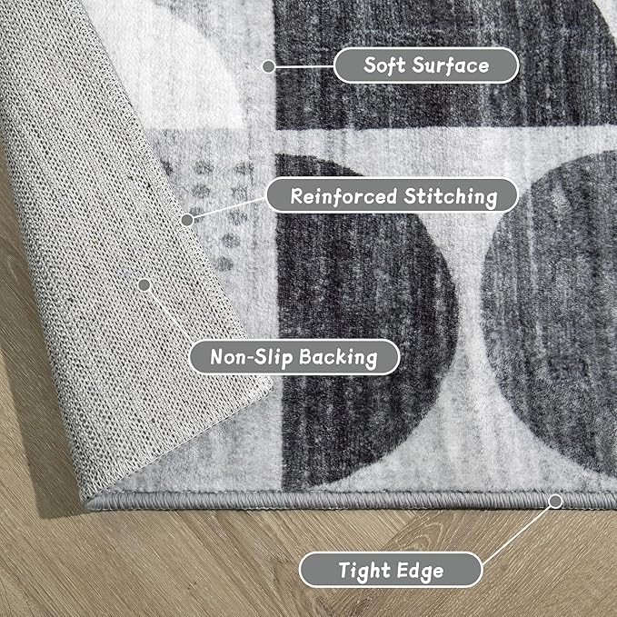 MUJOO Washable Rug Black,4x6.5 Area Rugs for Bedroom Entryway Living Room Bedside,Small Boho Throw Floor Carpet Non Slip Soft Indoor Modern Abstract Black and Grey