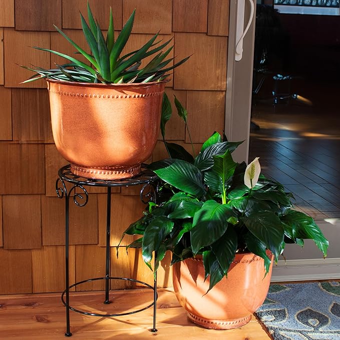 Sunnydaze Michael 14.5" Metal Outdoor Plant Pot Set with Drainage Holes and Rubber Plugs - Chestnut Glaze - Set of 4