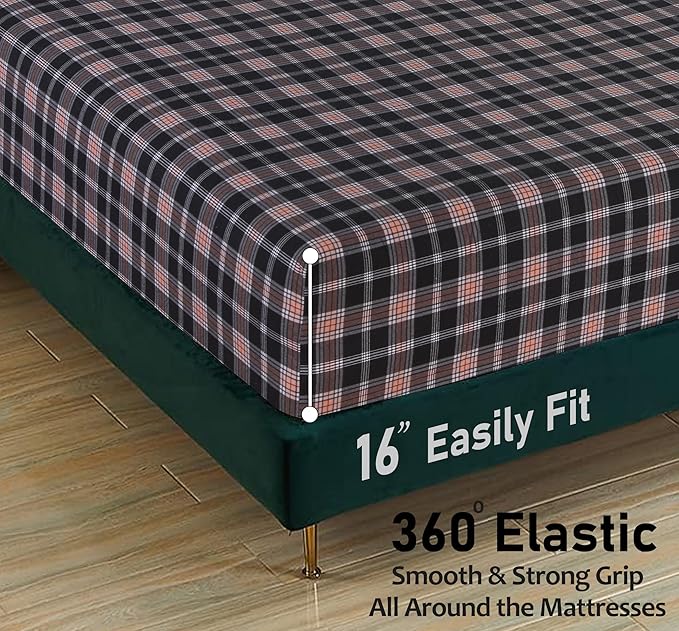 RUVANTI Flannel Sheets King Size - 100% Cotton Brushed King Size Sheets Set - Deep Pockets 16 Inches Bed Sheets - All Seasons Breathable & Extra Soft - Warm & Cozy, 4 Piece, Peach & Black Plaid