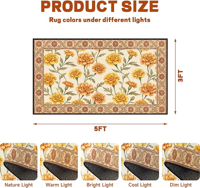 Marigold Floral Area Rug Vintage Boho Rug Bordered Non-Slip Washable Floor Mat for Entryway Bedroom Living Room Nursery Kitchen Playroom Home Decor,3'x5'