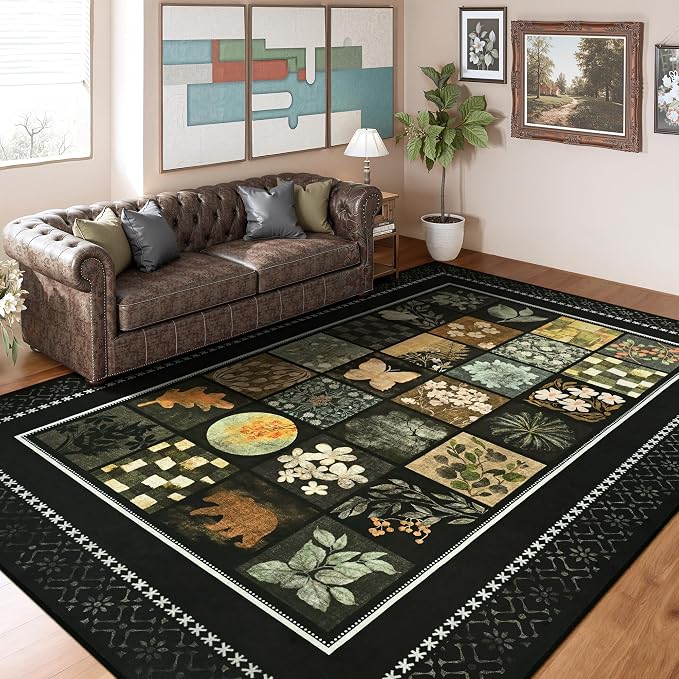 Tepook 6x9 Area Rugs for Living Room, Modern Large Geometric Rug for Bedroom, Washable Patchwork Rug Indoor Non Slip Throw Carpets for Dining Room Office Farmhouse Home Decor, Black