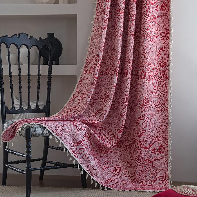 ENJOYBRIDAL Red Paisley 63 Inch Curtains for Bedroom Boho Drapes Semi Sheer Rod Pocket 2 Panels Short Window Curtain Panels for Living Room Farmhouse Jacquard Decorative Vintage Window Treatments