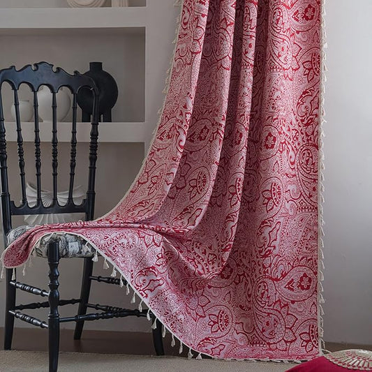 ENJOYBRIDAL Red Paisley 63 Inch Curtains for Bedroom Boho Drapes Semi Sheer Rod Pocket 2 Panels Short Window Curtain Panels for Living Room Farmhouse Jacquard Decorative Vintage Window Treatments