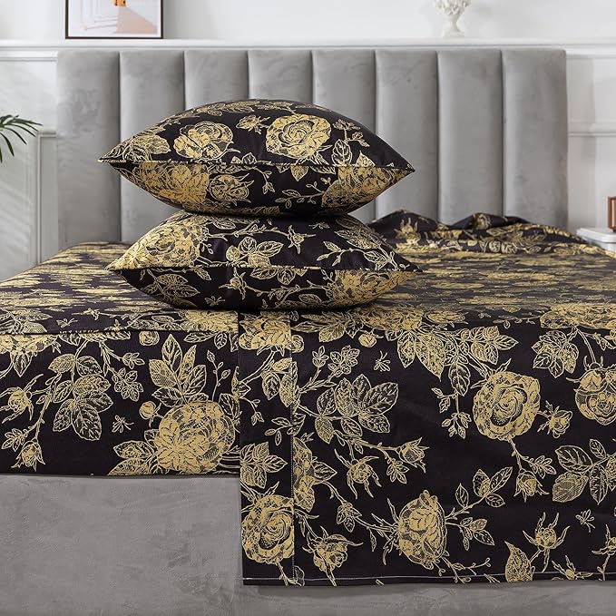 FADFAY Rose Sheets Set Full Vintage Black Gold Floral Bedding Shabby Peony Botanical Sheets Luxury Farmhouse Bedding 800 Thread Count 100% Egyptian Cotton Deep Pocket Fitted Sheet 4Pcs, Full Size