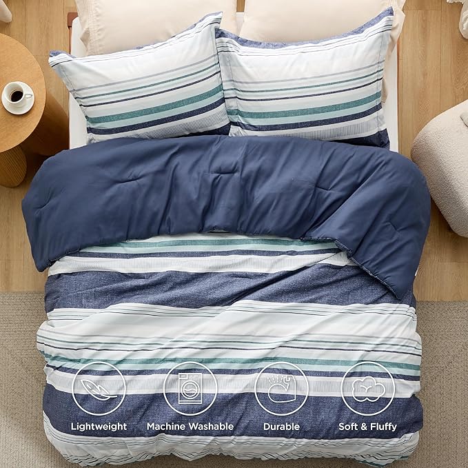 Bedsure Twin/Twin XL Comforter Set - Twin Extra Long Comforter Set for Boys, Striped Dorm Bedding, 2 Pieces, 1 Soft Reversible Blue Comforter and 1 Pillow Sham
