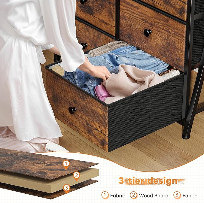 EnHomee 51" H Dresser for Bedroom with LED, 11 Drawer Dresser with Wire Grid Panels & Open Shelves for Entryway, Dorm, Rustic Brown, 11.8" D x 33.9" W x 51.2" H