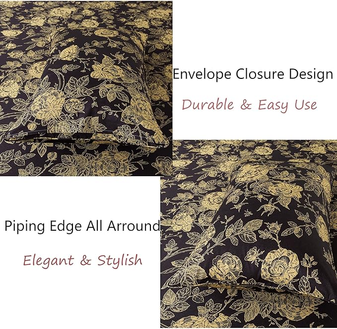 FADFAY Rose Sheets Set Full Vintage Black Gold Floral Bedding Shabby Peony Botanical Sheets Luxury Farmhouse Bedding 800 Thread Count 100% Egyptian Cotton Deep Pocket Fitted Sheet 4Pcs, Full Size