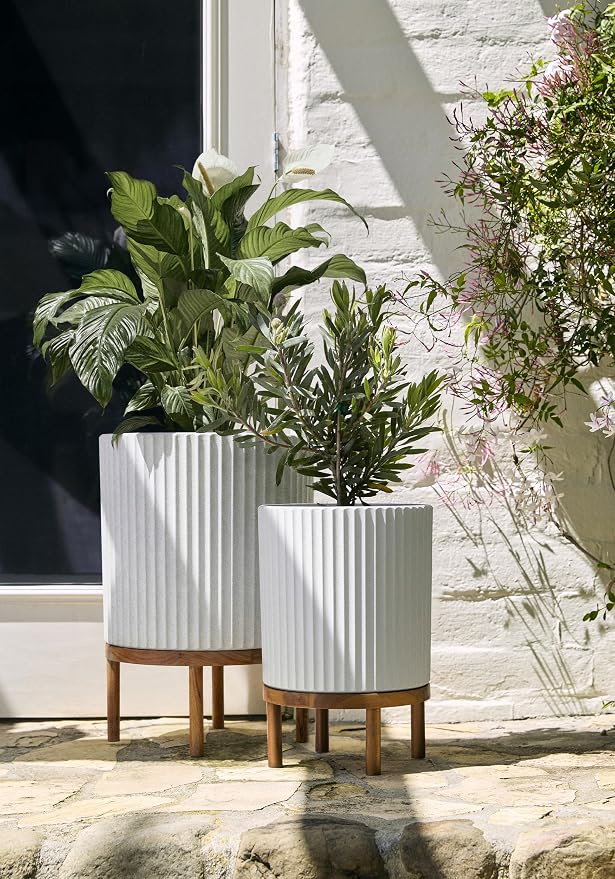 Veradek Demi Series Round Planter w/Stand for Porch/Patio | Durable Plastic-Stone Composite & Wooden Stand | Modern Décor for Tall Plants, Flowers