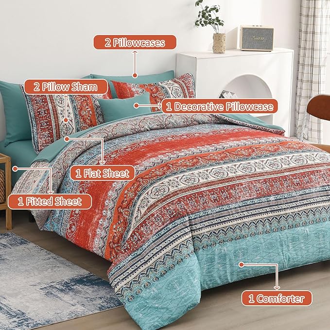 Cottolester Boho King Size Comforter Set 8 Pieces,Terracotta Comforter Bohemian Striped Bed in A Bag, Soft Microfiber Bedding Set for All Seasons