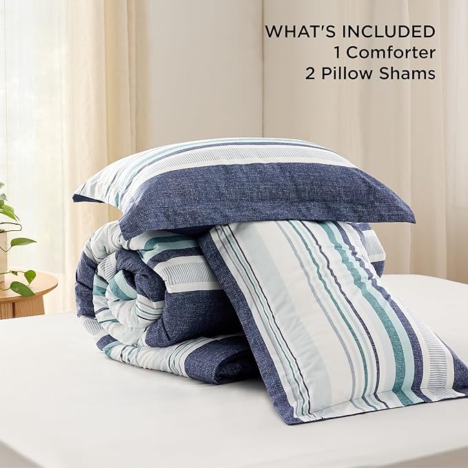 Bedsure Comforter Set Queen Size - Striped Bedding Comforter Set for Boys, 3 Pieces, 1 Soft Reversible Blue Comforter and 2 Pillow Shams