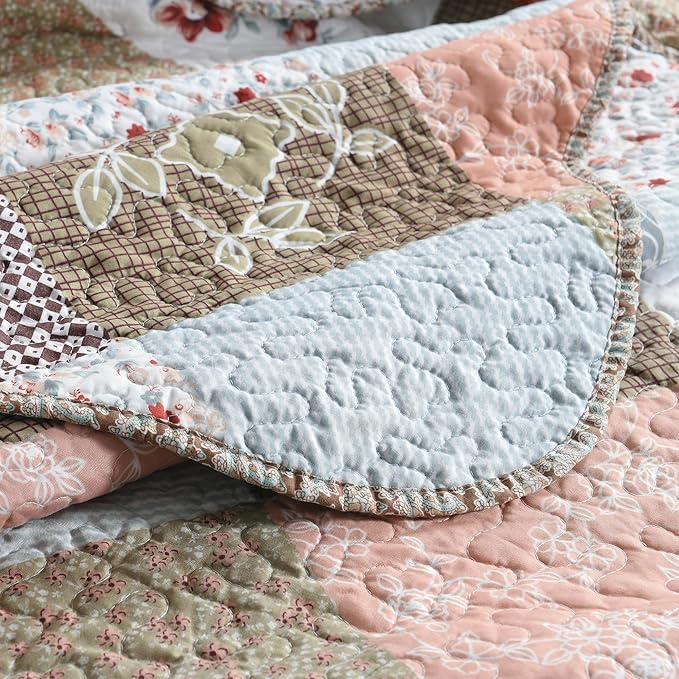 HoneiLife Quilt Set King Size - 3 Piece Microfiber Quilts Reversible Bedspreads Patchwork Coverlets Floral Bedding Set All Season Quilts-Mocha Rose,King Size