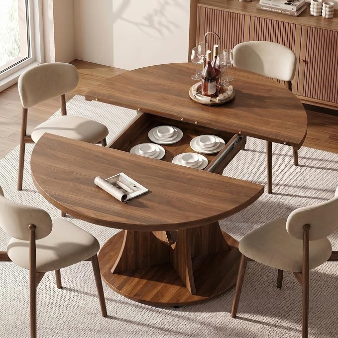 Einhomn 43-59" Extendable Round Dining Table, Kitchen Table for 4-8, Farmhouse Circle Dining Room Table with Removable Leaves,Hidden Storage, Space Saving Wood Kitchen & Dining Room Furniture, Walnut