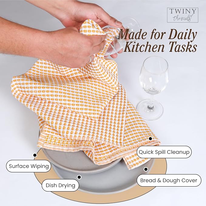 TWINY threads Circle Waffle Tea Towels 4 Pack, 16x26 Inches, 100% Cotton, Heavy Duty, Quick Dry, Reusable Dish Cloths, Ideal for Baking, Cooking, Farmhouse Kitchen Decor, Mustard Yellow