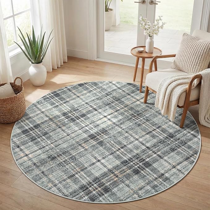Tartan Plaid Washable Rug, Round Rugs 5ft Soft Modern Non Slip Circle Carpets for Bedroom Ultra-Thin, Boho Circular Carpet for Living Room Dorm Bedside Greyish Green