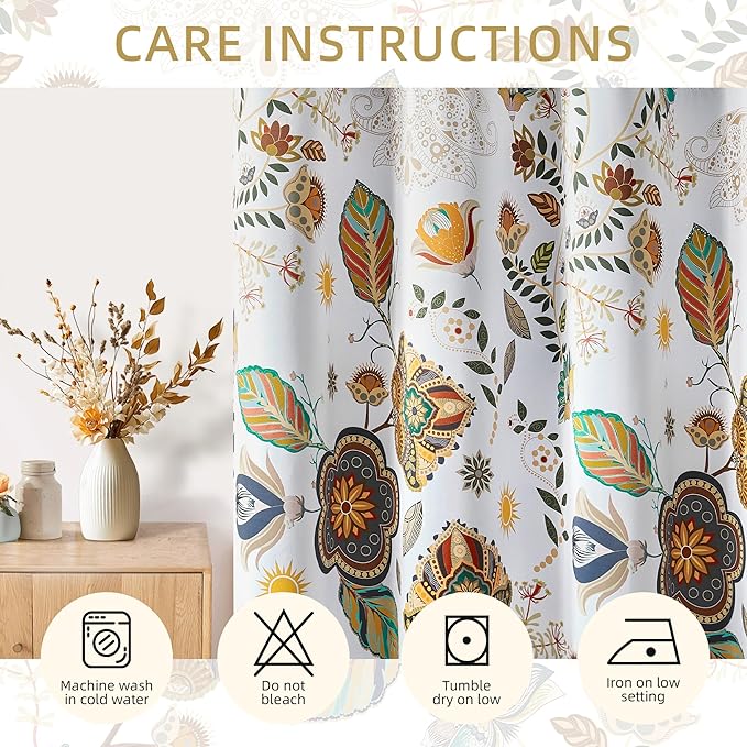 White Vintage Fancy Floral Patterned Blackout Curtains 63 Inch Length Shabby Chic Farmhouse Curtains for Bedroom Living Room Darkening Mid Century Colorful Grommet Black Out Drapes 2 Panels 52x63