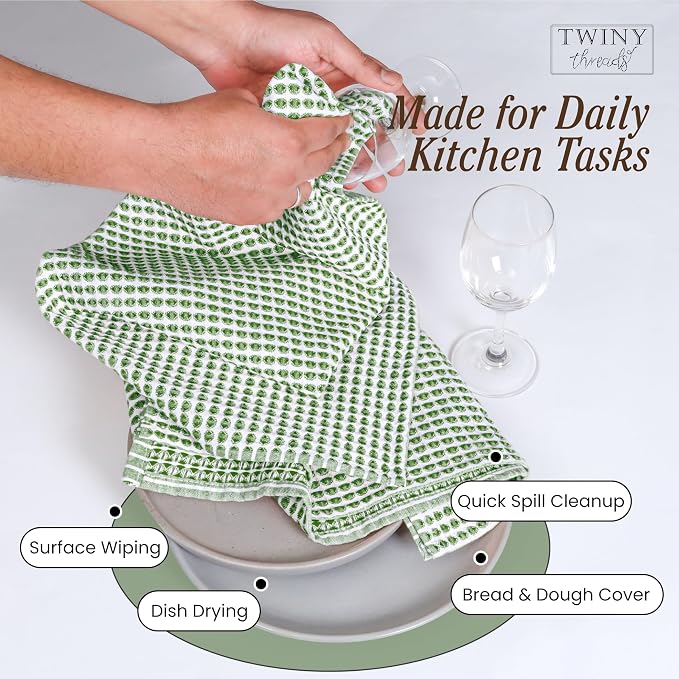 TWINY threads Circle Waffle Kitchen Towels 4 Pack, 16x26 Inches, 100% Cotton, Quick Drying, Absorbent, Soft, Reusable Wash Rags, Perfect for Drying Hands, Cooking, Baking, Daily Use, Mint Green