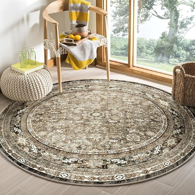 OPPODREAM Vintage Brown Round Rug 5ft, 5 ft Retro Washable Circle Rug Non Slip, Low-Pile Faux Wool Circular Carpet, Distressed Floor Mat for Living Room, Bedroom, Office, Dorm, Dinning Room
