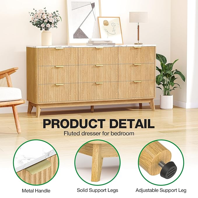 Fluted 9 Drawer Dresser, 57" Wide Chest of Drawers with Faux Marble Top,Modern Dresser TV Stand, Wood Closet Clothes Storage Organizer with Curved Edges for Bedroom, Living Room, Natural