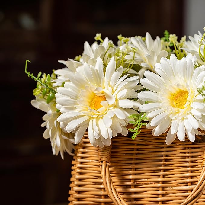 TOPIA Fake Flowers Artificial Daisies & Gerbera Bouquet Silk White 10 Stems Match with Wild Flowerets