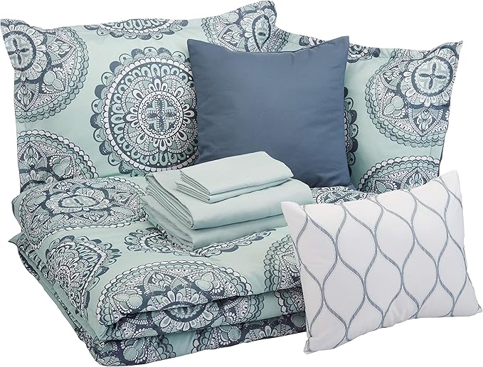 Amazon Basics 10-Piece Bed-in-a-Bag - Soft, Easy-Wash Microfiber - Full/Queen, Sea Foam Medallion, Floral
