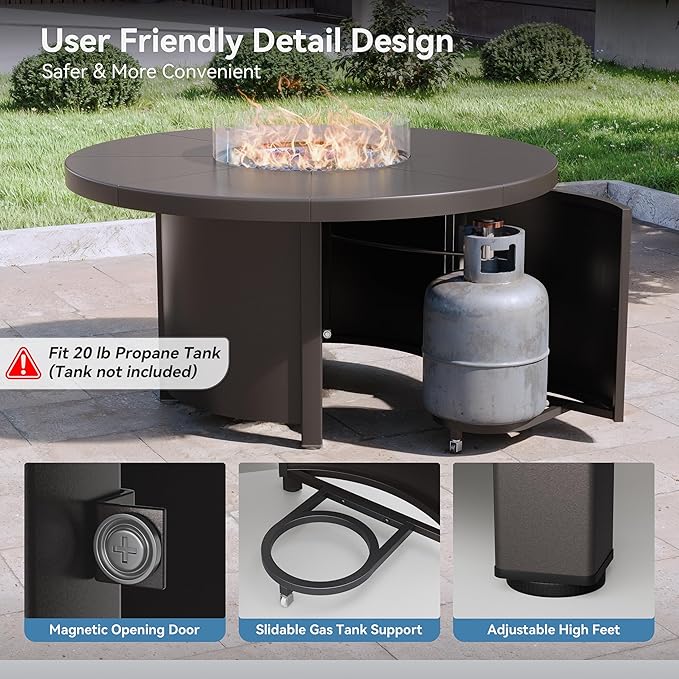 Kullavik 48" Round Propane Fire Pit Table,55000 BTU Auto-Ignitiongas Gas Fire Table with Fire Glass and Lid,Waterproof Cover and Blue Glass Stone for Patio,Balcony,Garden