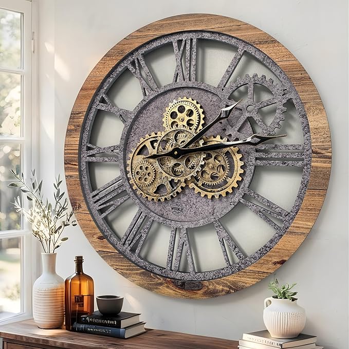 ImprovingLife The Gears Clock The Original Real Moving Gear Wall Clock Vintage Industrial Oversized Rustic Farmhouse (24 inch (60cm),Wood&Stone)