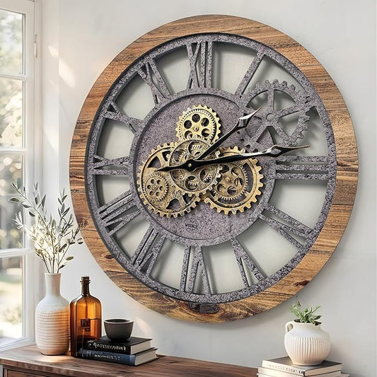 ImprovingLife The Gears Clock The Original Real Moving Gear Wall Clock Vintage Industrial Oversized Rustic Farmhouse (24 inch (60cm),Wood&Stone)