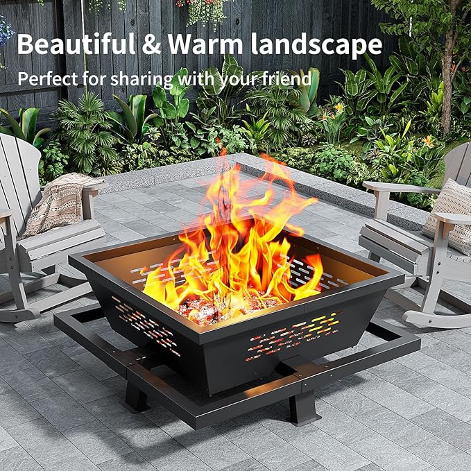 Auhilence 42" Large Fire Pit, Square Outdoor Fire Pit with Poker, Wood Burning FirePit for Camping, Backyard, Patio