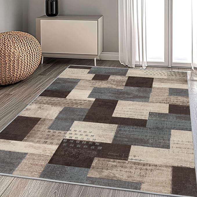 Modern Geometric Patchwork Indoor Area Rug for Living Room, Blue-Taupe 6'x 9' Large Rug Rockwood Collection Hardwood Floors Decor for Bedroom, Blue Throw Carpet for Office Entryway Dining Room