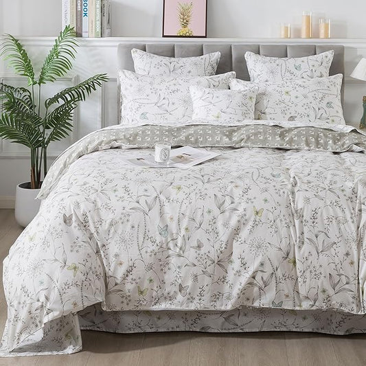 FADFAY Duvet Cover Set Colorful Butterfly Bedding Vintage Botanical Comforter Cover Set Shabby Branches Bedding 100% Cotton Soft Quilt Cover with Hidden Zipper Closure 3Pcs, King/California King Size