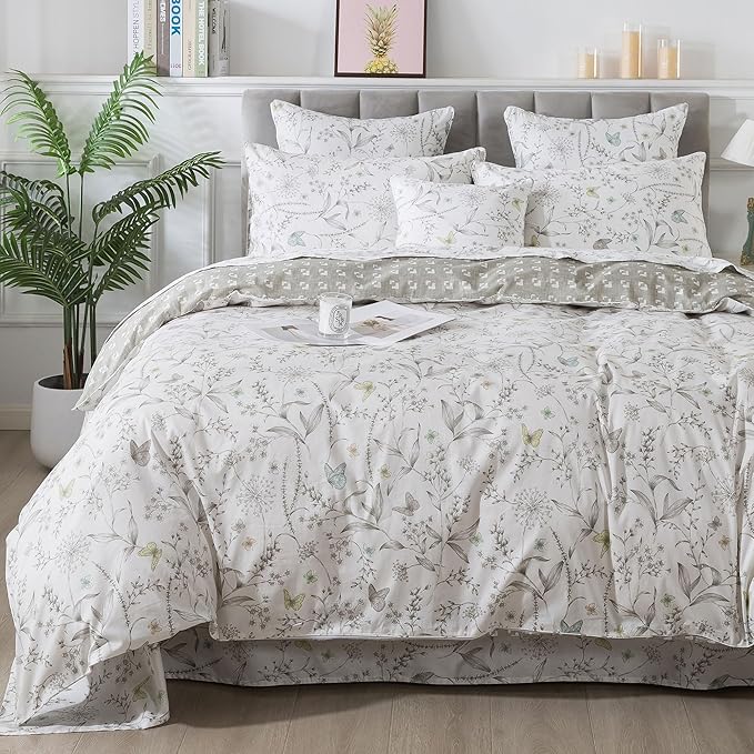 FADFAY Duvet Cover Set Full Colorful Butterfly Bedding Vintage Botanical Comforter Cover Set Shabby Branches Bedding 100% Cotton Ultra Soft Quilt Cover with Hidden Zipper Closure 3Pcs, Full Size