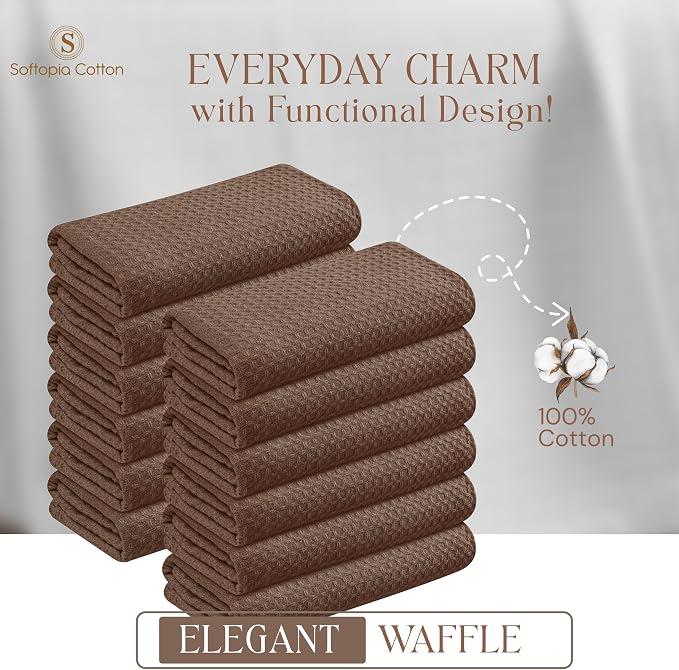 Brown Kitchen Towels – Waffle Weave, 100% Cotton, Soft & Absorbent, Fast Dry, Durable, 16x26 Inches, Perfect for Dish Drying, Bar, Cleaning, Hand Wipe and Everyday Use, Set of 12