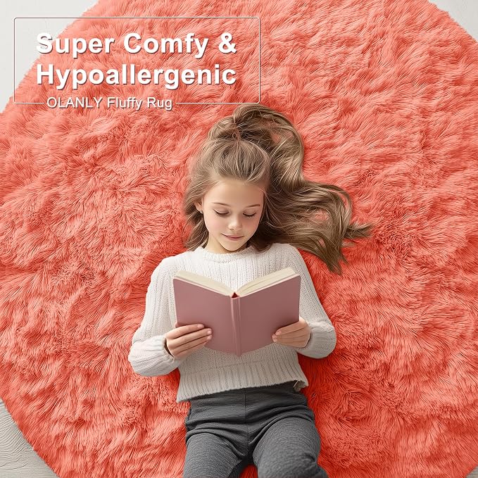 OLANLY Coral Red Round Rugs for Bedroom - Machine Washable, 7 ft Circle Area Rugs for Living Room, Soft and Fluffy Shaggy Carpet for Teen Girl and Boys, Nursery Rooms, Dorms, Home Decor Aesthetic